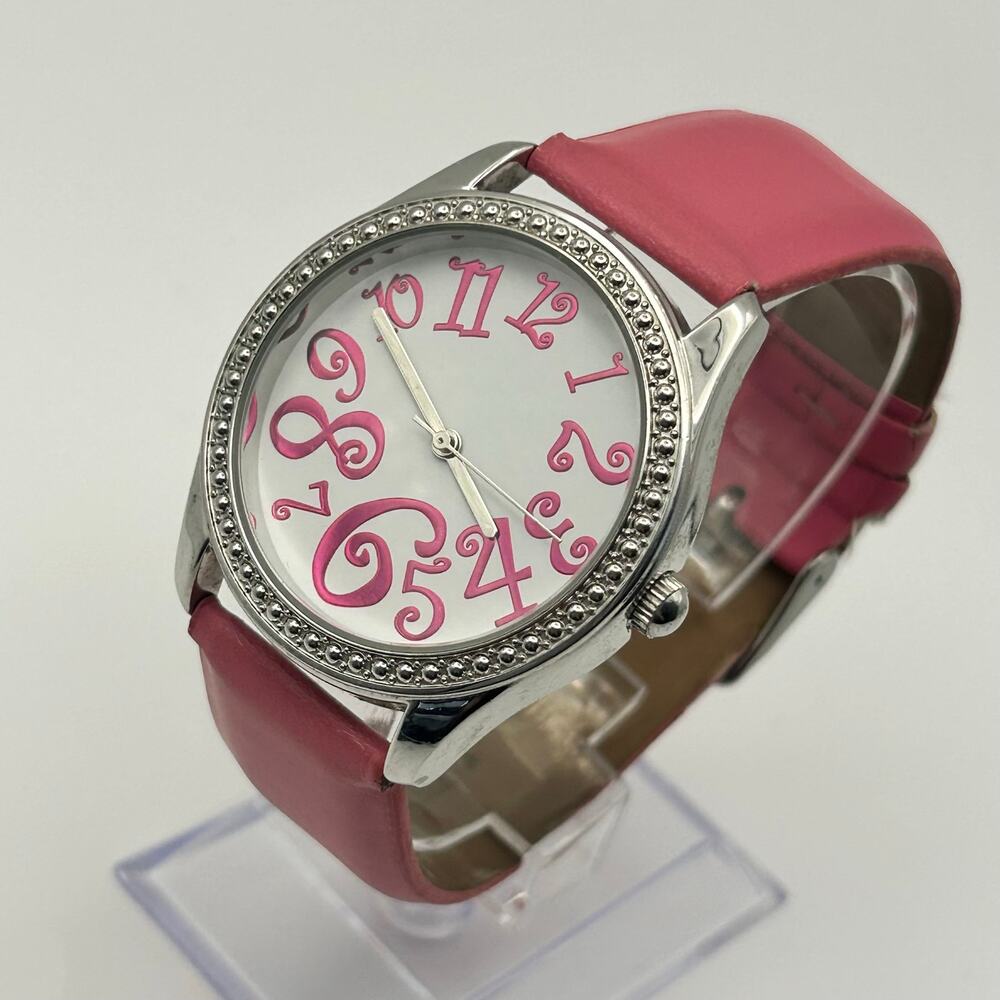 Women’s Silver-Tone Pink Faux Leather Fashion Watch Working New Battery